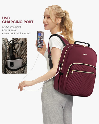 LOVEVOOK Laptop Backpack Purse for Women, Work Business Travel Computer Bags, College Nurse Backpack for Womens, Quilted Casual Daypack with USB Port, Fit 15.6 Inch Laptop, Wine Red