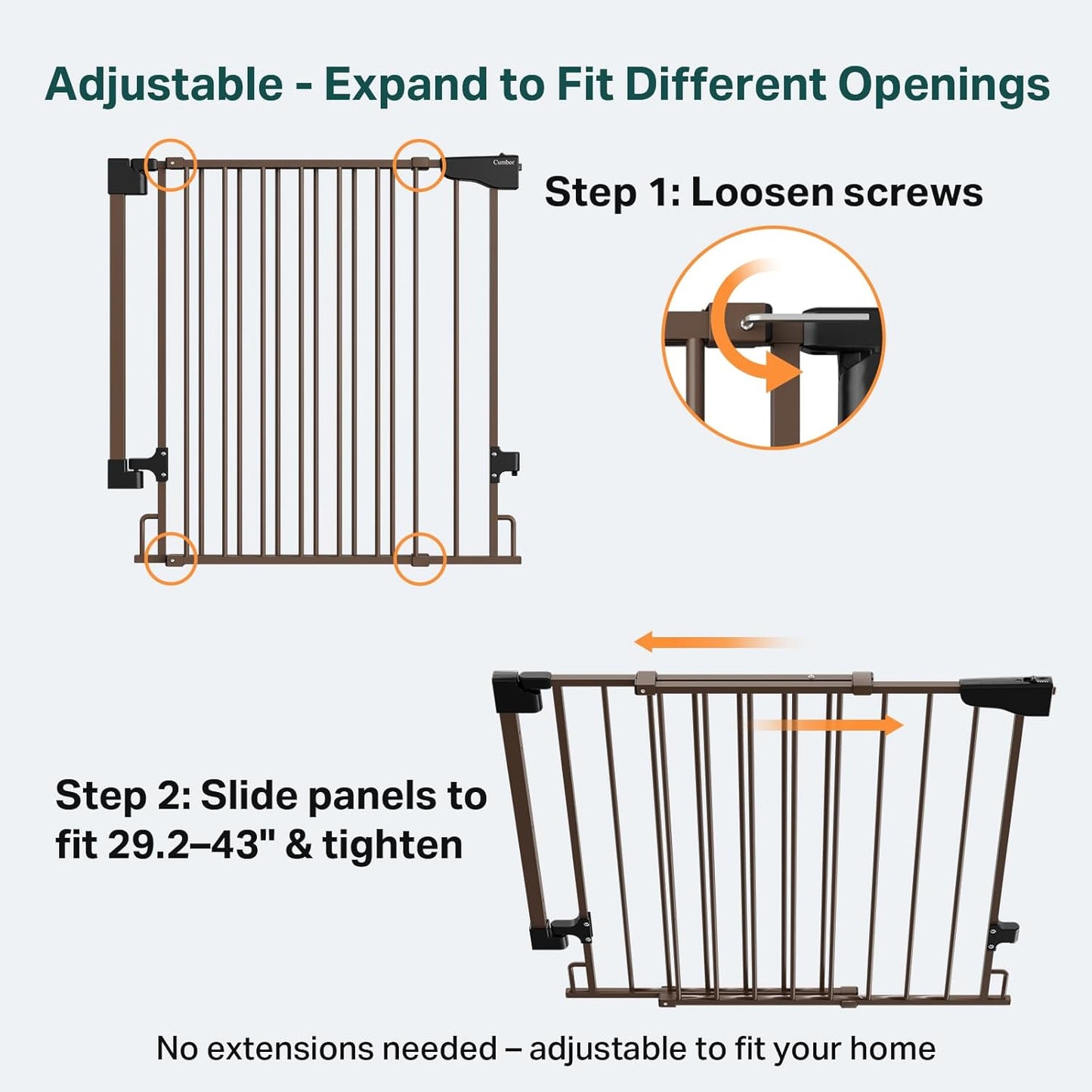 Cumbor 29.2–43" Baby Gate for Stairs, Wall-Mounted (Drill Required), Expandable No Bottom Bar Dog Gate, Auto Close Extra Wide Walk Thru, Pet & Toddler Proof Gate, Top & Bottom of Stairways (Brown)