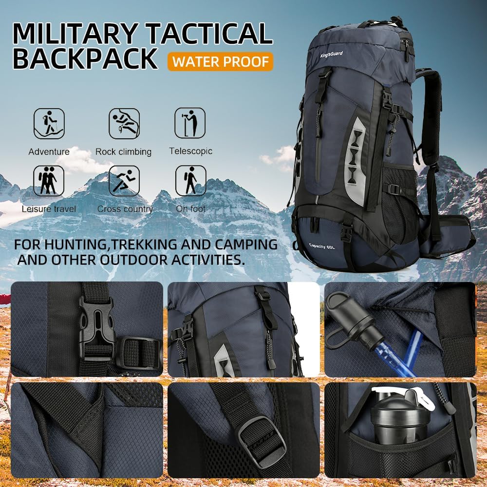 King'sGuard 60L Hiking Backpack Large Waterproof Camping Backpack for Men and Women Lightweight Frameless Backpacking Backpack with Rain Cover (Navy Blue)