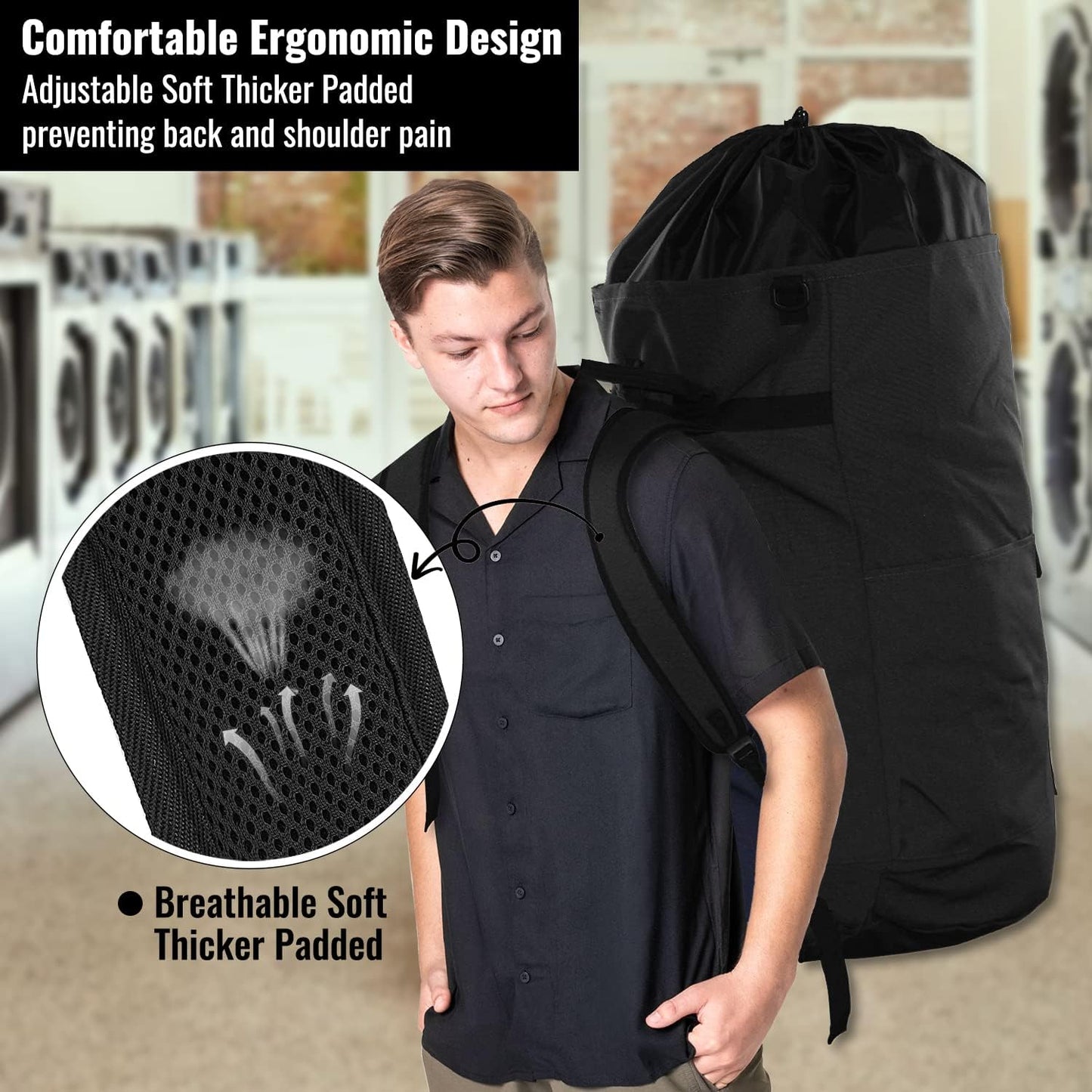 Laundry Bag Backpack, 125L, Extra Large with Shoulder Straps, Adjustable & Extendable Design, Hamper 3 Pockets for Laundromat, College, Travel, Camping