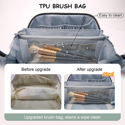BOYATU Makeup Bag Travel Cosmetic Bag: 3 Pcs Set Portable Make up Bags for Women with Handle - Waterproof Vegan Leather Toiletry Organizer Bags with Comparments (F-02-Green)