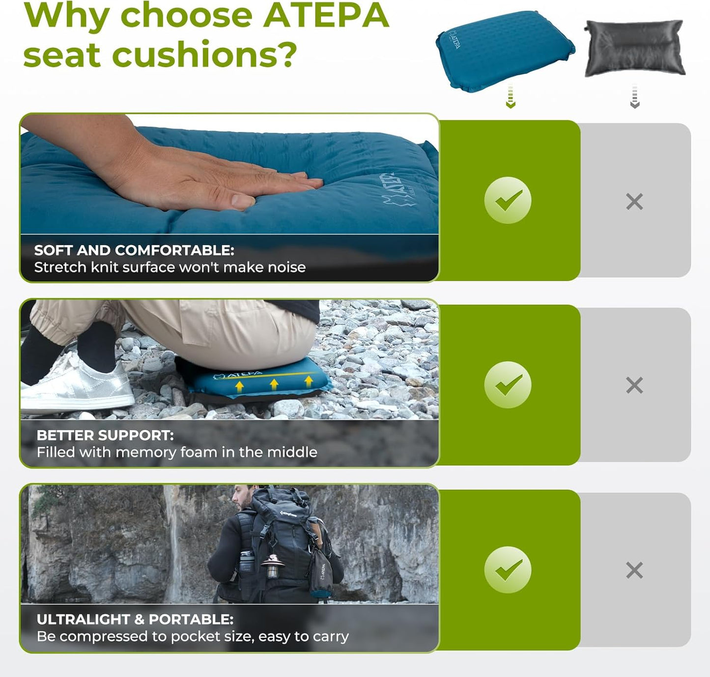 ATEPA Inflatable Stadium Seat Cushion, Self-Inflating Memory Foam Stadium Seats Bleacher Seat Chair Cushion Pad for Airplane Travel Backpacking Sports Events