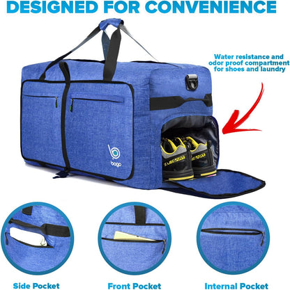 Bago Large Foldable Duffel Bags for Traveling Women & Men - 100L Packable Duffle Bag for Travel with Shoe Compartment - Water Repellant, Heavy Duty, Lightweight Folding & Collapsible (SnowDepBlue)