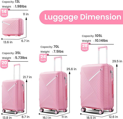 Campfun Luggage 4 Piece Sets, Expandable Carry On Luggage Set Hardshell PP, Suitcase Set with Double Spinner Wheels, Checked Durable Lightweight with TSA Lock, 14in 20in 24in 28in-Pink(B)