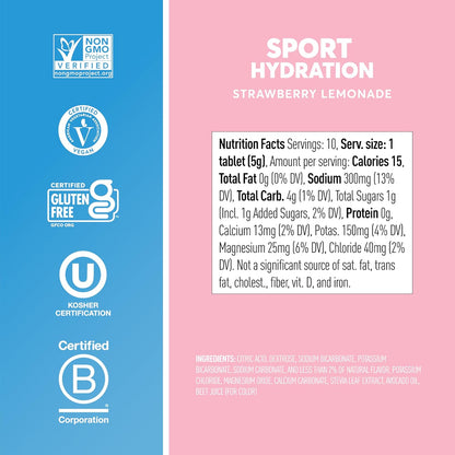 Nuun Sport Electrolyte Tablets with Magnesium, Calcium, Potassium, Chloride & Sodium, Gluten Free & Vegan, Strawberry Lemonade, 4 Pack (40 Servings Total)