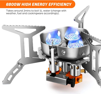 Odoland 3500W/6800W Windproof Camp Stove Camping Gas Stove with Windscreen, Fuel Canister Adapter, Piezo Ignition for Outdoor Backpacking Hiking and Picnic