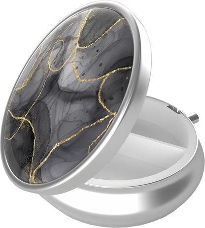 Pill Box, 3 Compartment Portable Travel Medicine Box with Mirror, Compact and Cute, Fits in Purse and Pocket, Medicine and Vitamin Organizer (Black Gold Marble)