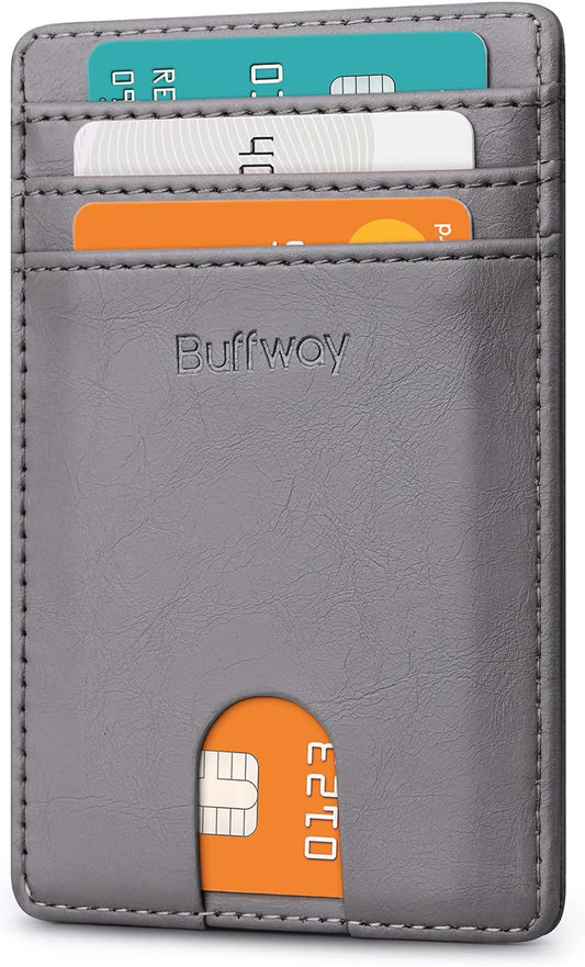 Buffway Mens Slim Wallet, Minimalist Thin Front Pocket Leather Credit Card Holder with RFID Blocking for Work Travel