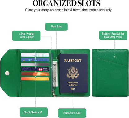 Leather Passport Holder Cover,Passport Book Holder,Rfid Blocking Travel Wallet Protect Your Card Security,Travel Document Organizer for Men Women,Airport Essentials Gift (Green)
