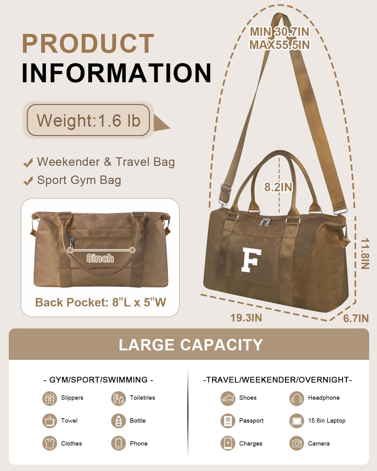 Birthday Graduation Gifts for Daughter,Initial Travel Duffel Bag Sports Gym Bag for Girls Teen Kids Birthday Gifts,Personalized Weekender Bag Carry On Tote Bags Cute Overnight Bag for Women(Brown, F)