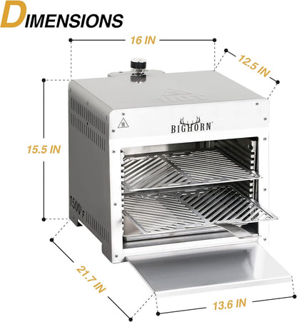 BIG HORN OUTDOORS 1500°F Small Infrared Propane Gas Grill – Portable Steak Broiler & Sear Station, Outdoor Salamander BBQ with Pizza Stone, Stainless Steel