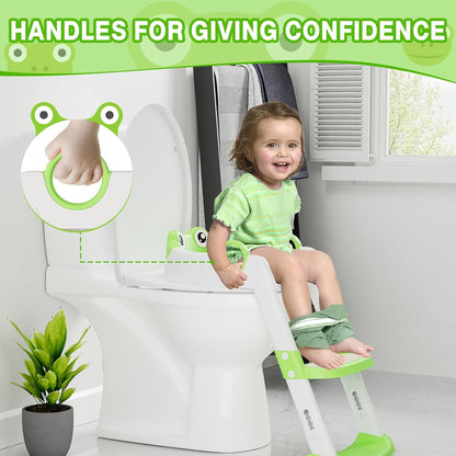Toddler Toilet Training Seat with Ladder – Soft PU Cushion, Non-Slip Steps & Handles, Adjustable Height Potty Training Seat for Boys & Girls, Fits Standard Toilets, Easy to Assemble