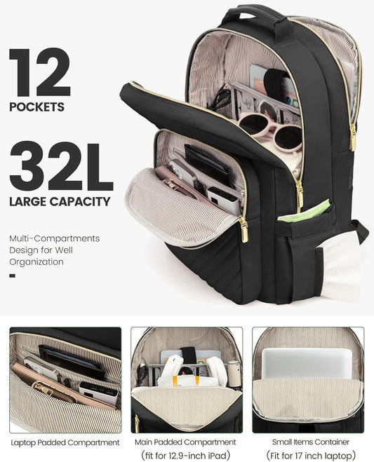 LOVEVOOK Laptop Backpack for Women, Travel Computer Work Bags with 17-inch Laptop Compartment, College School Student Bag Teen Backpacks For Girls, Hiking Outdoor Carry On Backpack Purse, Black