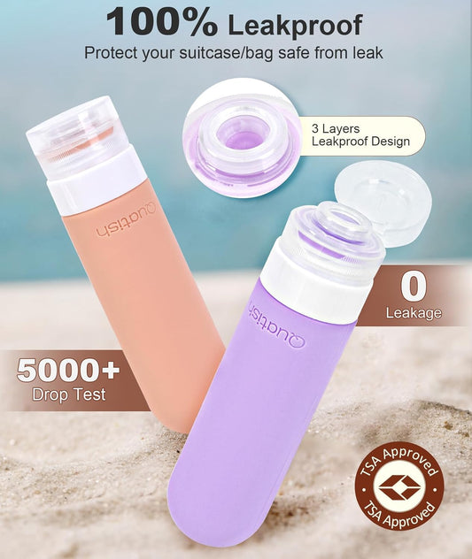 Quatish Travel Bottles for Toiletries, Original Patented Leak Proof Travel Size Toiletries, 3 oz Tsa Approved Silicone Shampoo and Conditioner Bottles, Travel Essentials, 4 Pack, Pink