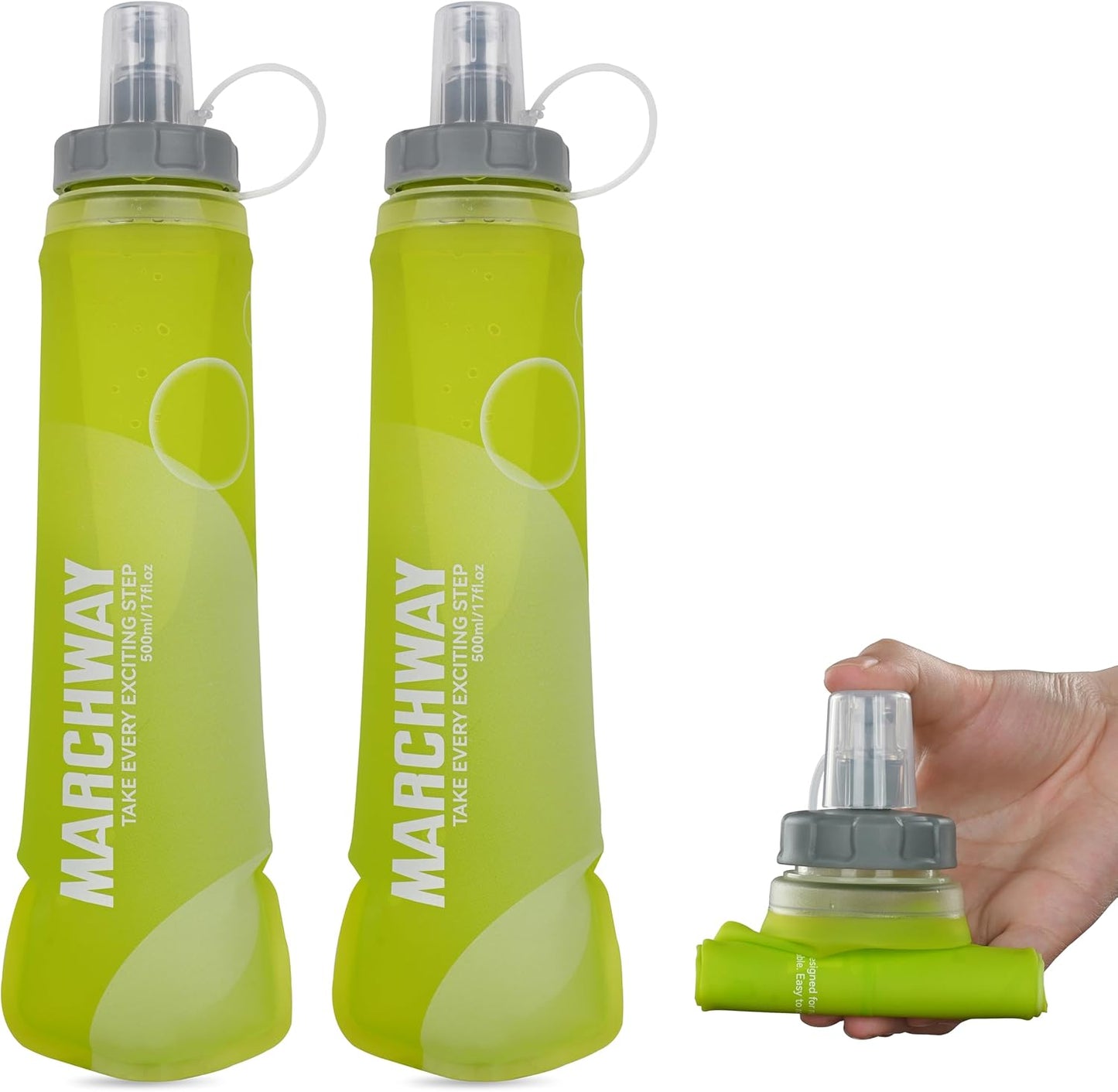 MARCHWAY Soft Hydration Flask with Wide Mouth, 300ml/500ml Collapsible TPU Water Bottle, Leakproof Portable Flexible for Running, Hiking, Cycling, Climbing, Gym, Travel (2pcs Yellow 300ml)