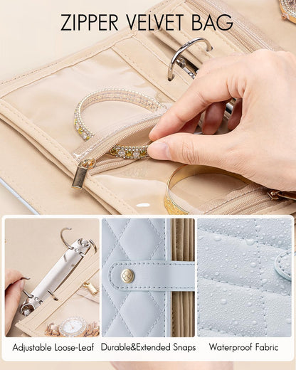 Vlando Travel Jewelry Organizer Case, Foldable Jewelry Bags Jewelry Storage Book Ring Binder with Clear Zipper Velvet Pouch Bag for Travel Essentials,Rings,Necklace,Earrings,Bracelets-Blue