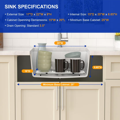 Dcolora 22 Inch Undermount Wet Bar Sink Single Bowl Modern Kitchen Sink White Granite Composite Deep Prep Small Sinks 22"×17"×9",DC-GUW003
