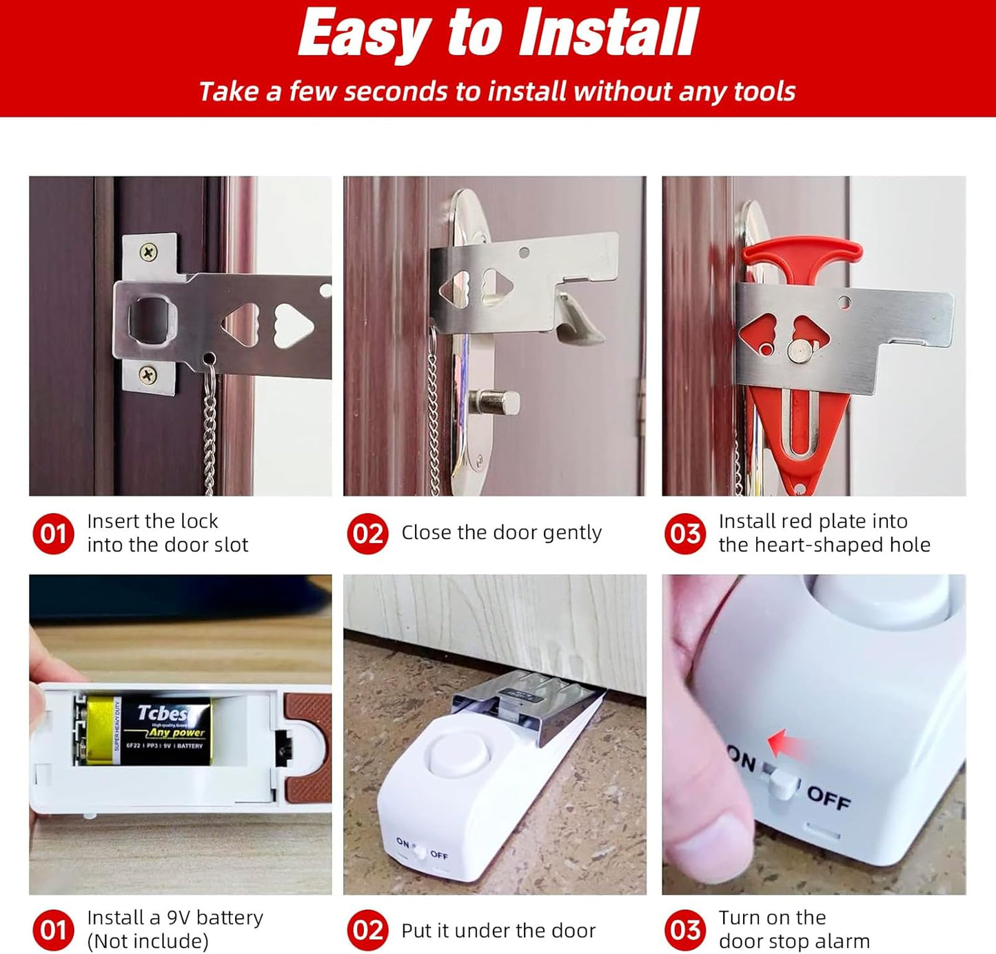 Portable Door Stop Alarm and Traveling Hotel Door Lock, No Installation Required, Provides Double Security for Home, Hotel and Traveling (1 Door Lock + 2 Door Stop)