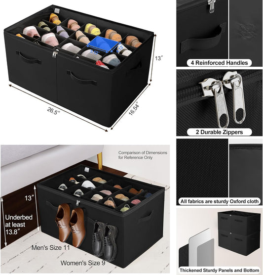 Shoe Organizer for Closet 2 Pack, Foldable Shoe Box with Adjustable Divider and Clear Cover, Space Saving Shoe Storage Organizer Cabinet with Reinforced Handles, Fits 40 Pair, Black, TP11B