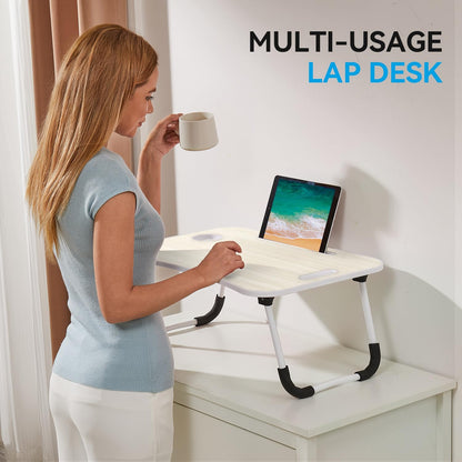 BUYIFY Folding Lap Desk, 23 Inch Portable Wood White Oak Laptop Bed Desk Lap Desk with Cup Holder, for Working Reading Writing, Eating, Watching Movies for Bed Sofa Couch Floor