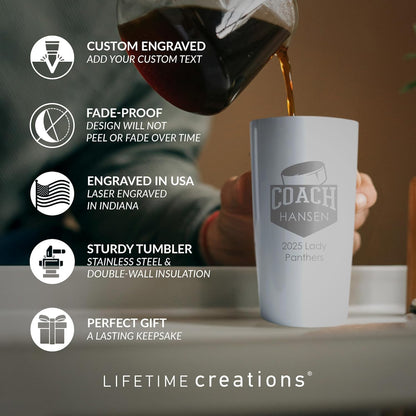 Lifetime Creations Personalized Hockey Coach Tumbler: Custom Hockey Coach Gift, Coaches Coffee Travel Mug from Team, Insulated Engraved Stainless Steel 20 Ounce Cup (White)