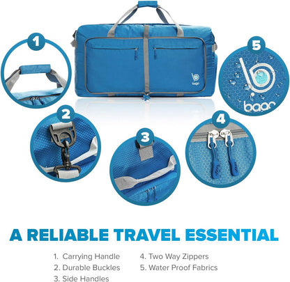 Bago Large Foldable Duffel Bags for Traveling Women & Men - 100L Packable Duffle Bag for Travel with Shoe Compartment - Water Repellant, Heavy Duty, Lightweight Folding & Collapsible (Blue)
