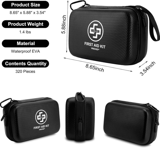 Premium First Aid Kit, 320 Piece Waterproof Hard Shell Eva First Aid Kit for Home, Camping, Cars, Hiking, Travel, Businesses & Outdoor Emergencies - Emergency Medical Kits (Black)