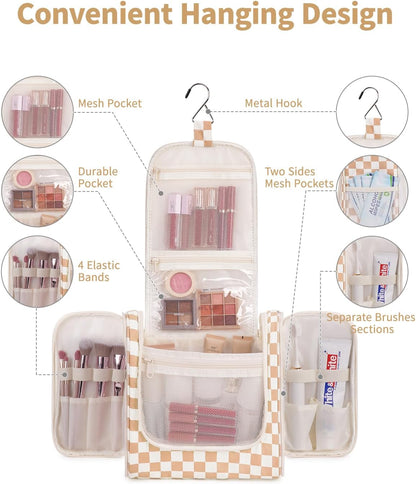 Narwey Checked Hanging Travel Toiletry Bag for Women, Travel Bag for Toiletries, Makeup Bag Organizer Cosmetic Bags Make Up Bags for Women (Light Checkerboard)