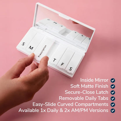PORT X POLISH Designer Weekly Pill Box Organizer (Single 1X Daily, Crisp White) | Compact, Stylish 7-Day Vitamin Supplement Case | Cute Portable Mini Travel Medicine Carrier | BPA-Free Pillbox Caddy