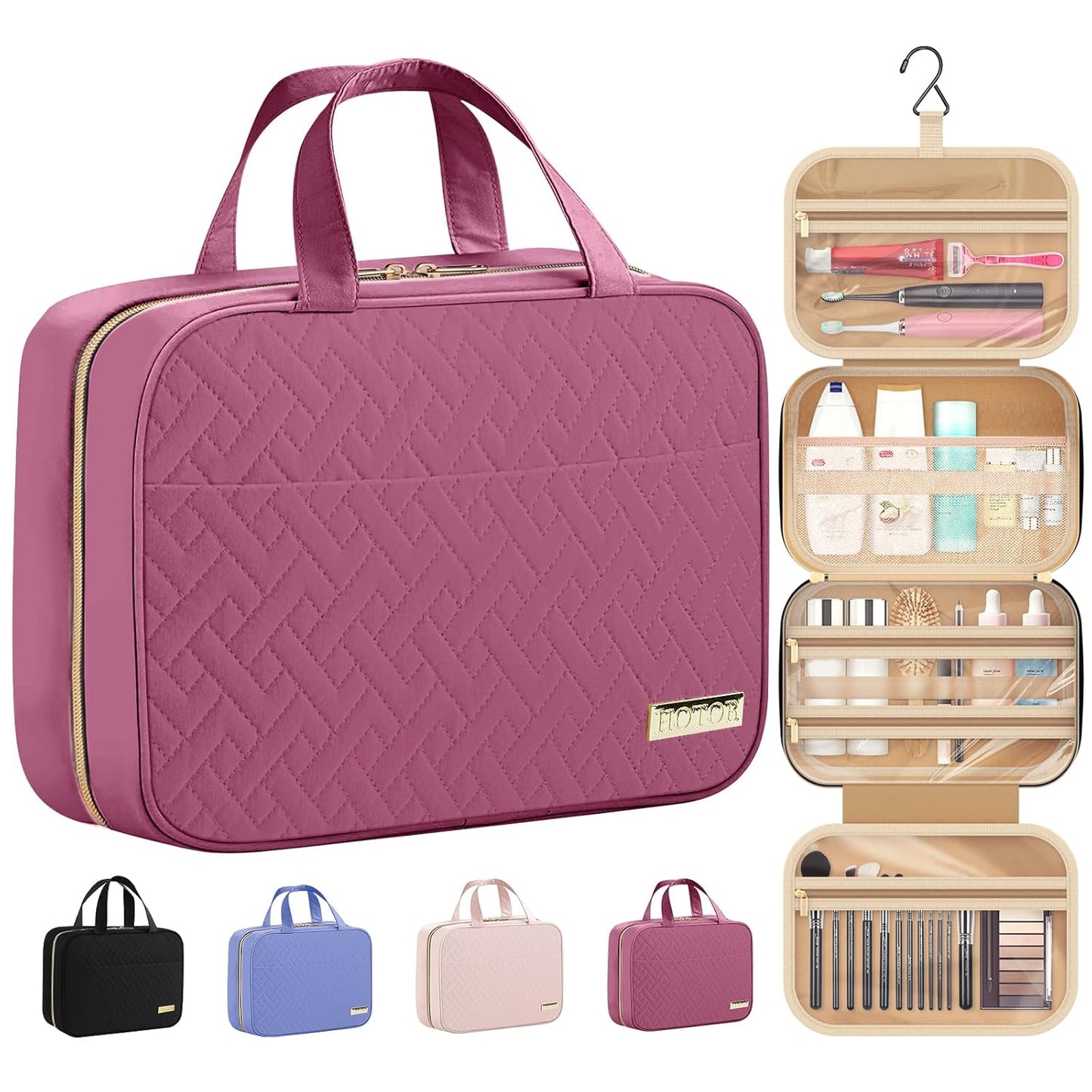 HOTOR Travel Toiletry Bag w/Hanging Hook - Spacious Toiletry Bag Essentials for Women & Men, Makeup Bag/Big Comparment, Waterproof for Travel Accessories, Large, Rosewood-Pink