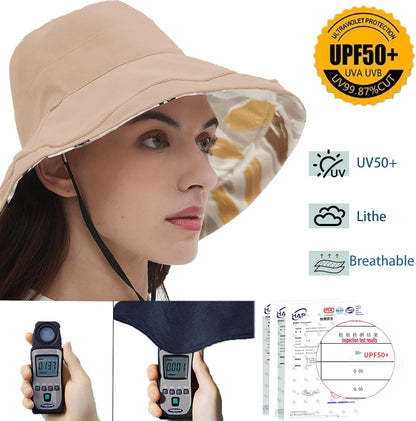 vidsel Womens Sun Hats Wide Brim Reversible Bucket Cotton Hat Packable Summer Travel Cap with Hat Clip,UV Protection