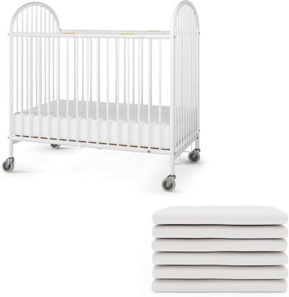 Foundations Pinnacle Folding Metal Hotel Crib and Sheet Bundle - Includes 4" Foam Mattress and 6-Pack White Fitted Compact Sheets for Babies & Toddlers