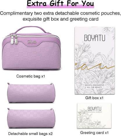 Travel Makeup Bag Organizer Cosmetic Bag: 3 Pcs Set Make up Bags for Women with Handle - Waterproof Vegan Leather Toiletry Bags with Comparments (C-01-Purple)