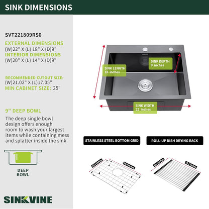 Black Kitchen Sink Drop-In 22 x 18 inch, SINKVINE PVD Nano Stainless Steel Bar Sink Outdoor, Top Mount Deep Single Bowl RV Laundry Basin, w/Drain Strainer, Bottom Grid, Roll-up Drying Unit, Dark Gray