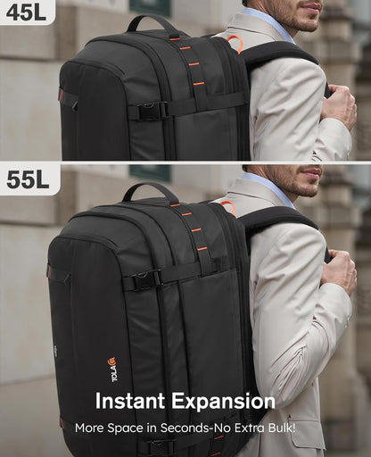 Tolaccea Travel Backpack with Garment Bag, Suit Carry On Backpack, TSA Flight Approved for Travel & Business Trips with Dual Laptop Storage for 17.3" and 12.9" & Extra Toiletry Bag, 45-55L Expandable