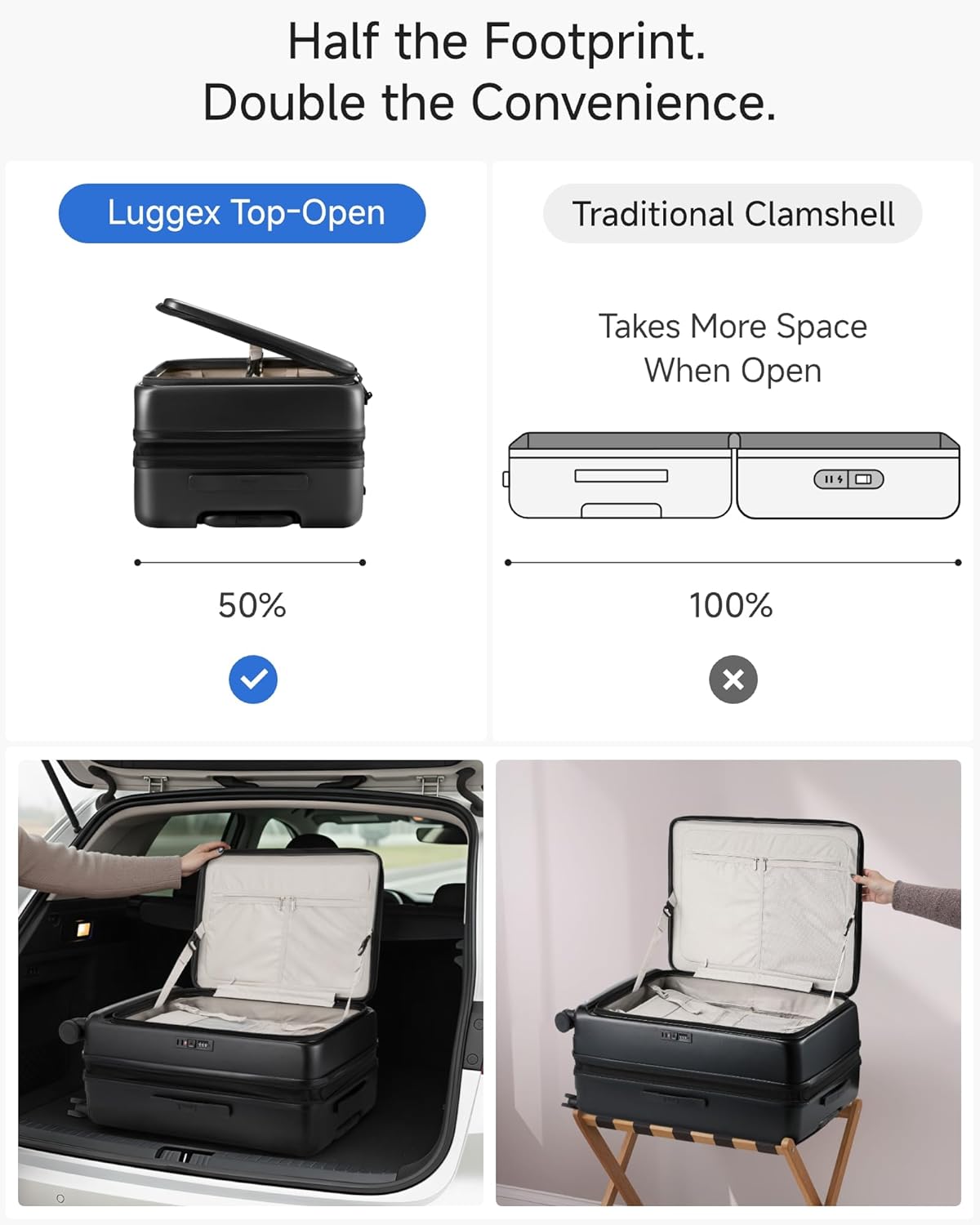 Checked Luggage Top Opening, FLT Expandable Polycarbonate Hard Shell Suitcase with Wheels (FLO-Lite, Black, 24 Inch, 63L-70L)