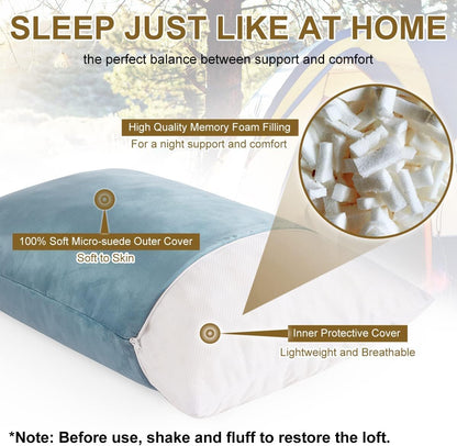 Ivellow Memory Foam Travel Pillow Compressible Camping Pillow for Sleeping Shredded Memory Foam Pillow Compact Firm Supportive Travel Pillow for Adults Kids Outdoor Hiking Essential Gear Blue-S