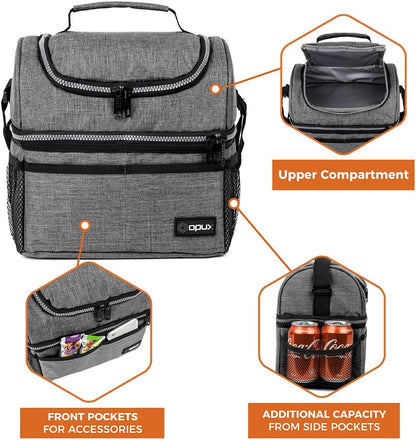 OPUX Lunch Box For Men Women, Insulated Large Lunch Bag Adult Work, Double Decker Lunchbox Meal Prep Dual Compartment Leakproof Lunch Cooler, Soft Lunch Pail Tote Boys Girls Kids School, Heather Gray