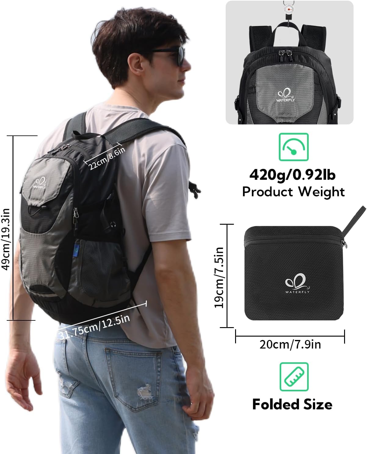 WATERFLY Lightweight Packable Hiking Backpack: 30L Foldable Travel Daypack Ultralight Camping Day Pack for Woman Man