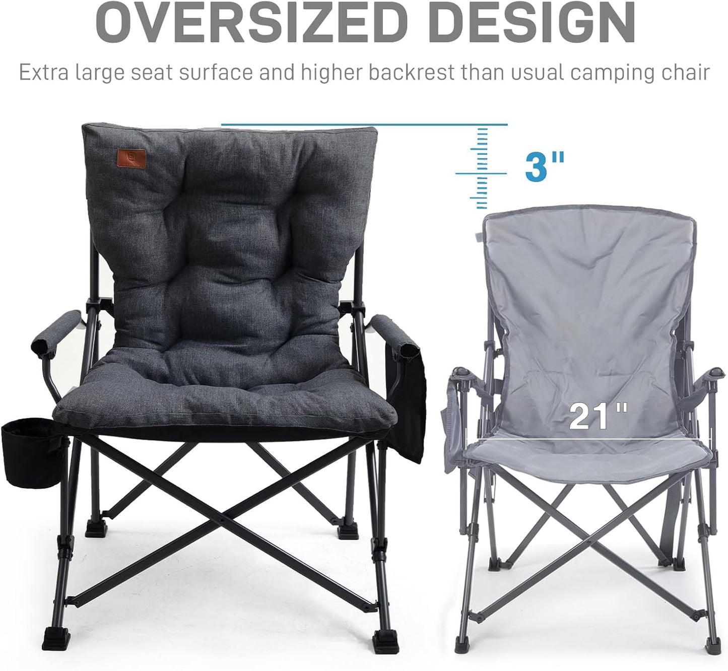 EVER ADVANCED Padded Oversized Folding Camping Chair for Adults, Heavy Duty Lawn Chair with Side Pockets, Portable Collapsible Quad Chair for Outside, Support Up to 500lbs, Black