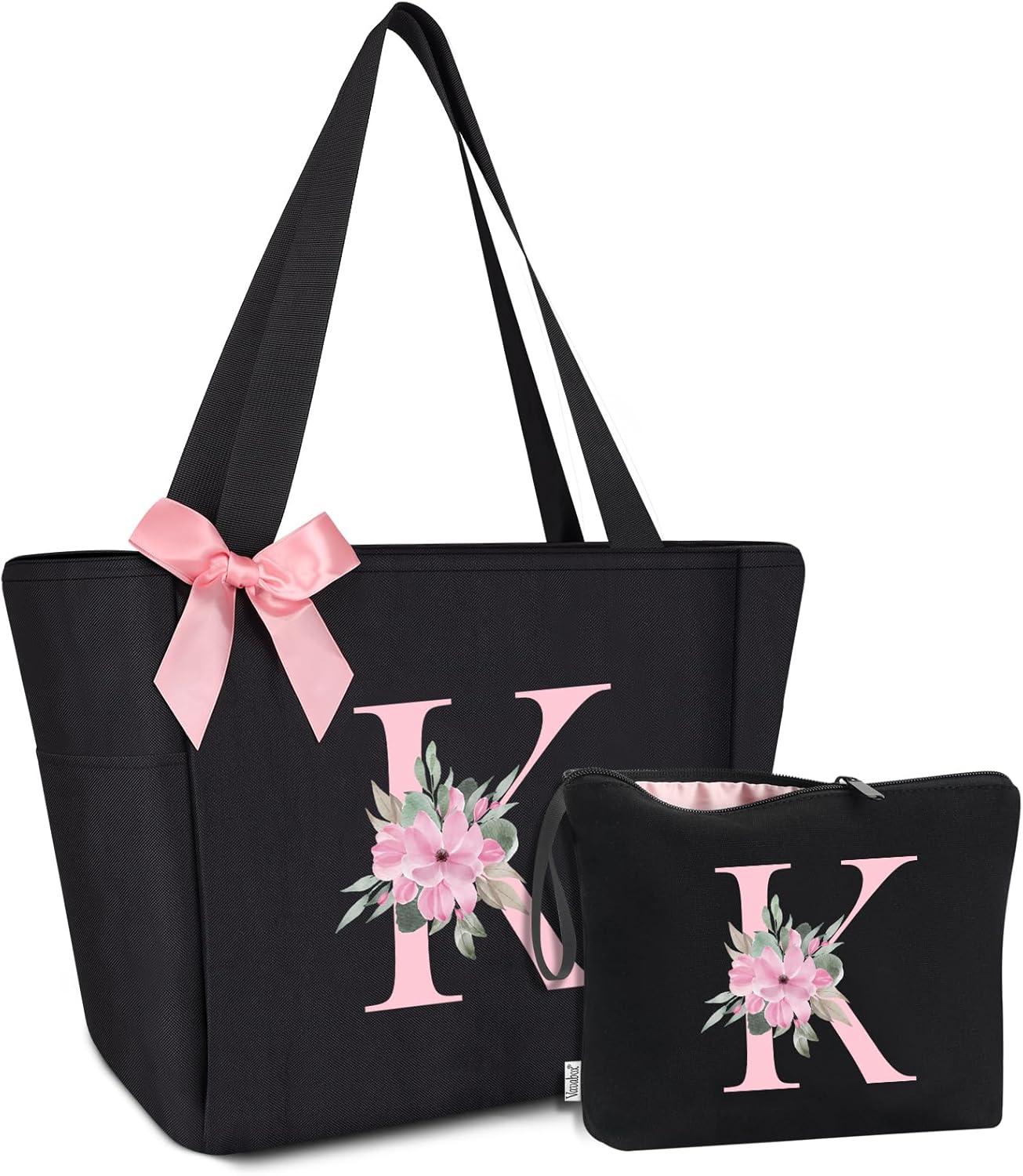 Vavabox Tote Bag, A-Z Initial Monogrammed Waterproof Tote Bag, Bridesmaid Gifts for Women, Black and Pink
