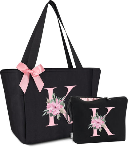 Vavabox Tote Bag, A-Z Initial Monogrammed Waterproof Tote Bag, Bridesmaid Gifts for Women, Black and Pink