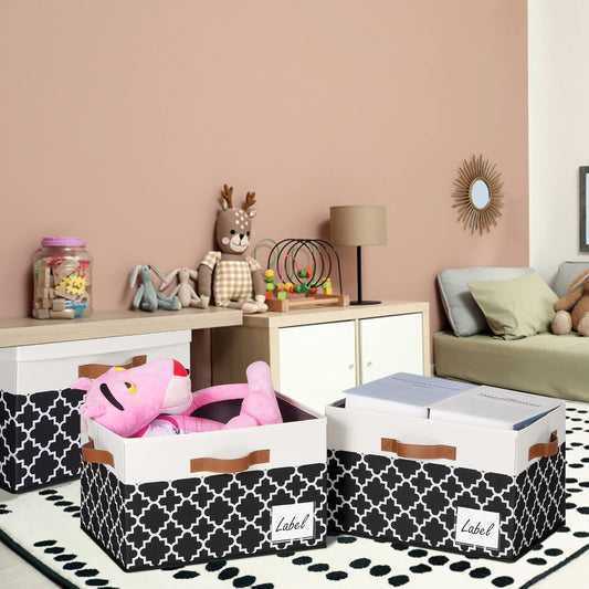 GhvyenntteS 6 Pack Fabric Storage Bins with Lids, Foldable Fabric Storage Boxes with Lids and 3 Handles, Sturdy Closet Organizers and Storage Bins with Label Window for Home (White&Lattice Black)