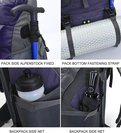 Bseash 50L Hiking Backpack, Water Resistant Lightweight Outdoor Sport Daypack Travel Bag for Camping Climbing Skiing Cycling (Dark Purple - With Shoe Compartment)