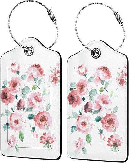 Flowers Watercolor 2-Pack Luggage Tags for Suitcases,Leather Baggage Tag with Loop, Tags Private Name ID Labels for Women Girl Men Boys Travel Baggage Suitcase