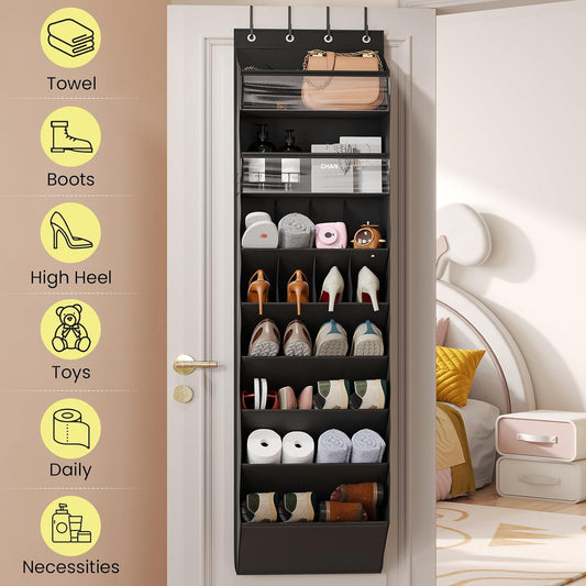 Over the Door Shoe Organizer for Closet, Shoes Rack with 8 Tier Large Deep Pockets, Hanging Shoe Organizers for Boot Storage, Behind the Door Narrow Shoe Holder for Small Shoes, Black
