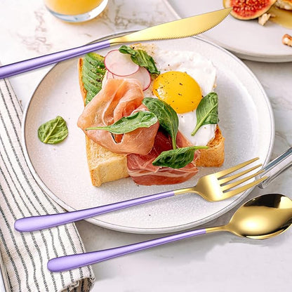 AARAINBOW 6 Pieces 18/8 Stainless Steel Flatware Set Portable Reusable Cutlery Set Travel Utensils Set Including Chopsticks Knife Fork Spoon Straws Cleaning Brush Dishwasher Safe (Purple golden)