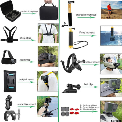 Gurmoir Accessory Kit for Osmo Action 5 pro 4/Insta 360 X5 X4 X3/Go Pro Hero13 12/Gopro Max 2/, Bike Mount/Hat Clip/Helmet Strap/Backpack Mount kit for Gopro/Osmo Action/Insta 360(DT18)