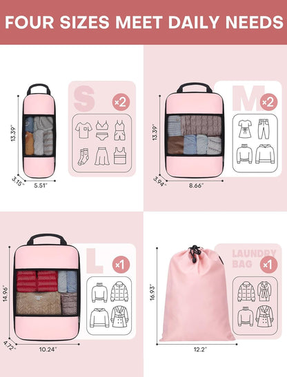 6 PCS Set Compression Packing Cubes for Travel, Lightweight Packing Organizer Bags Travel Essentials for Carry On, Suitcase, Home Closet - Pink