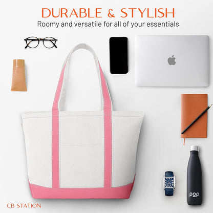 CB STATION Medium Classic Canvas Tote Bag for Women, Top Zipper Closure, Outer Pocket, Daily Essentials, Groceries, Traveling